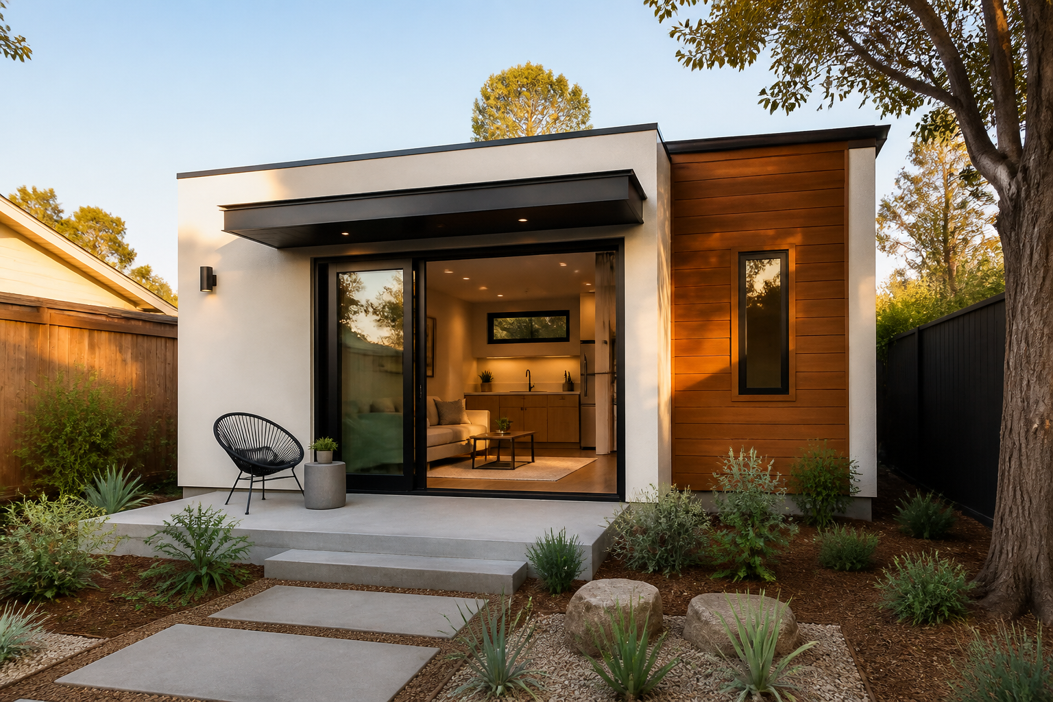 Modern detached ADU guesthouse with patio in a Glendale backyard