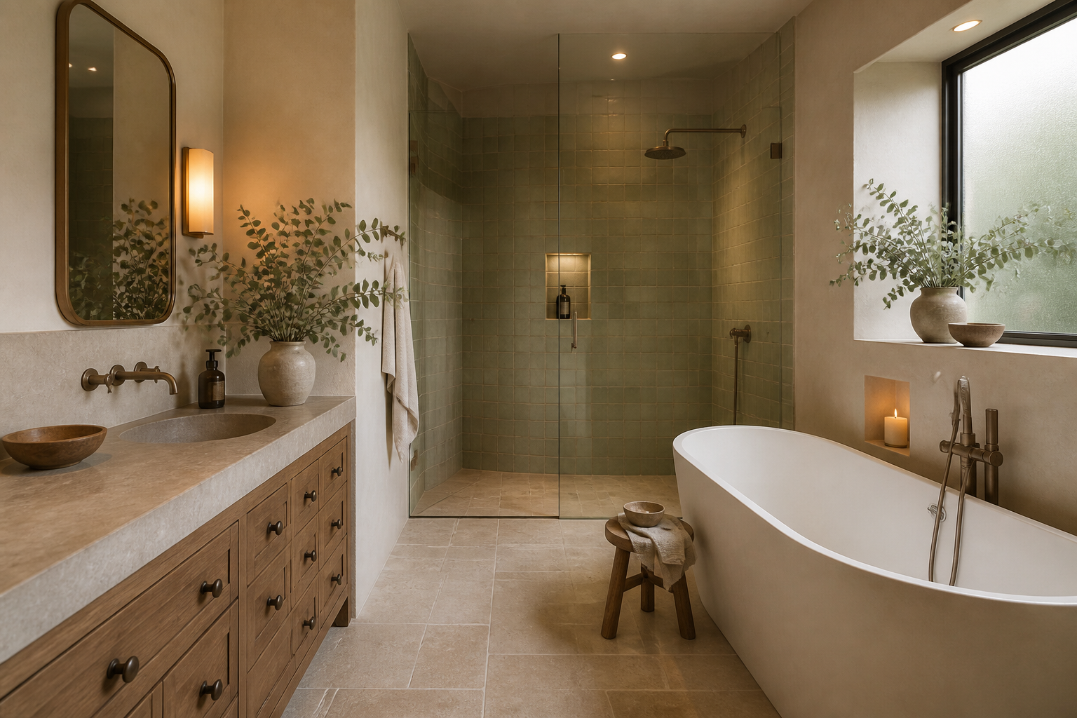 Spa-like renovated bathroom with freestanding tub and natural stone in Pasadena