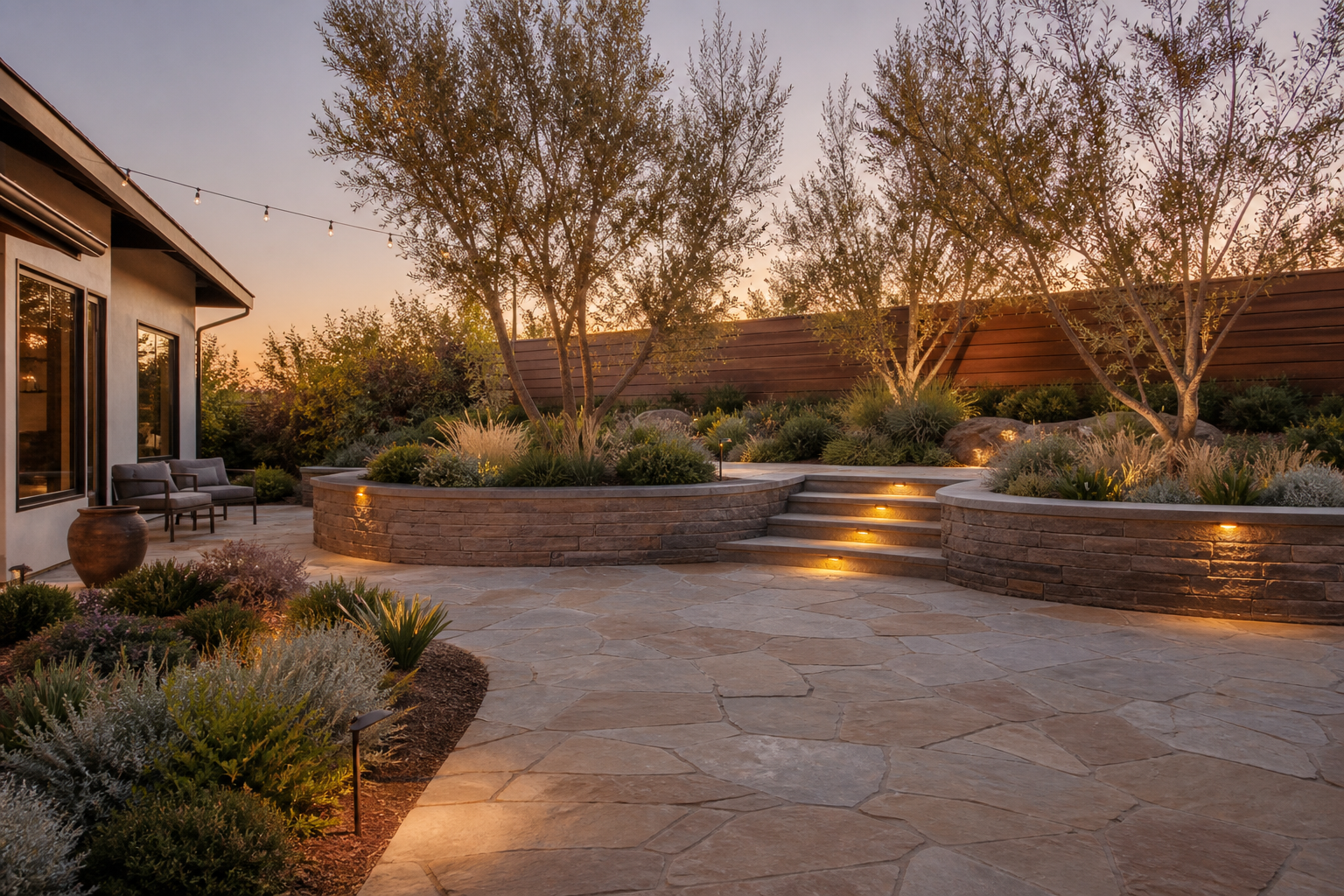 Finished backyard patio with flagstone hardscape and native landscaping in Thousand Oaks
