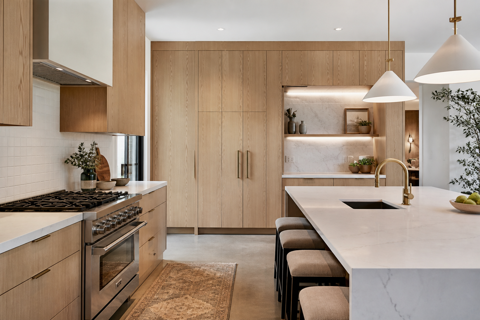 Renovated modern kitchen with white oak cabinets and quartz counters in Santa Monica