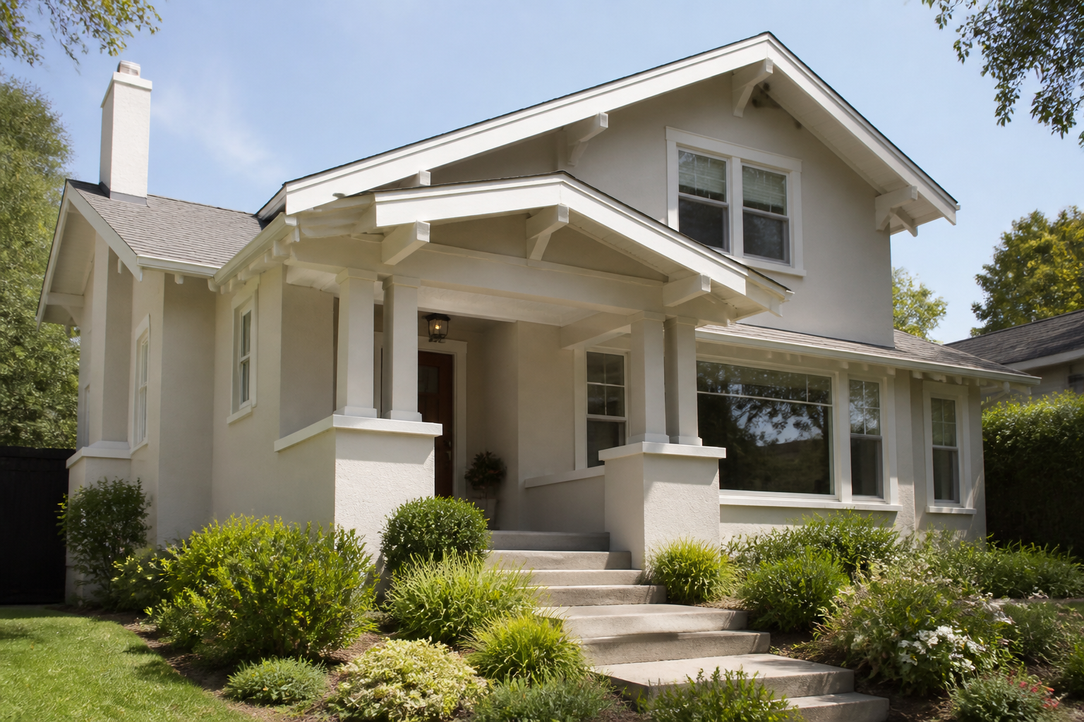 Freshly painted California home exterior with crisp trim and landscaping
