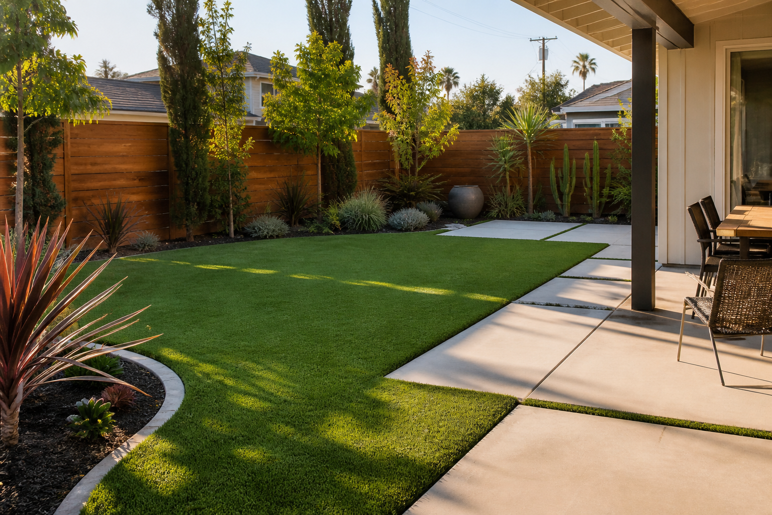 Southern California backyard with newly installed artificial turf and patio edging